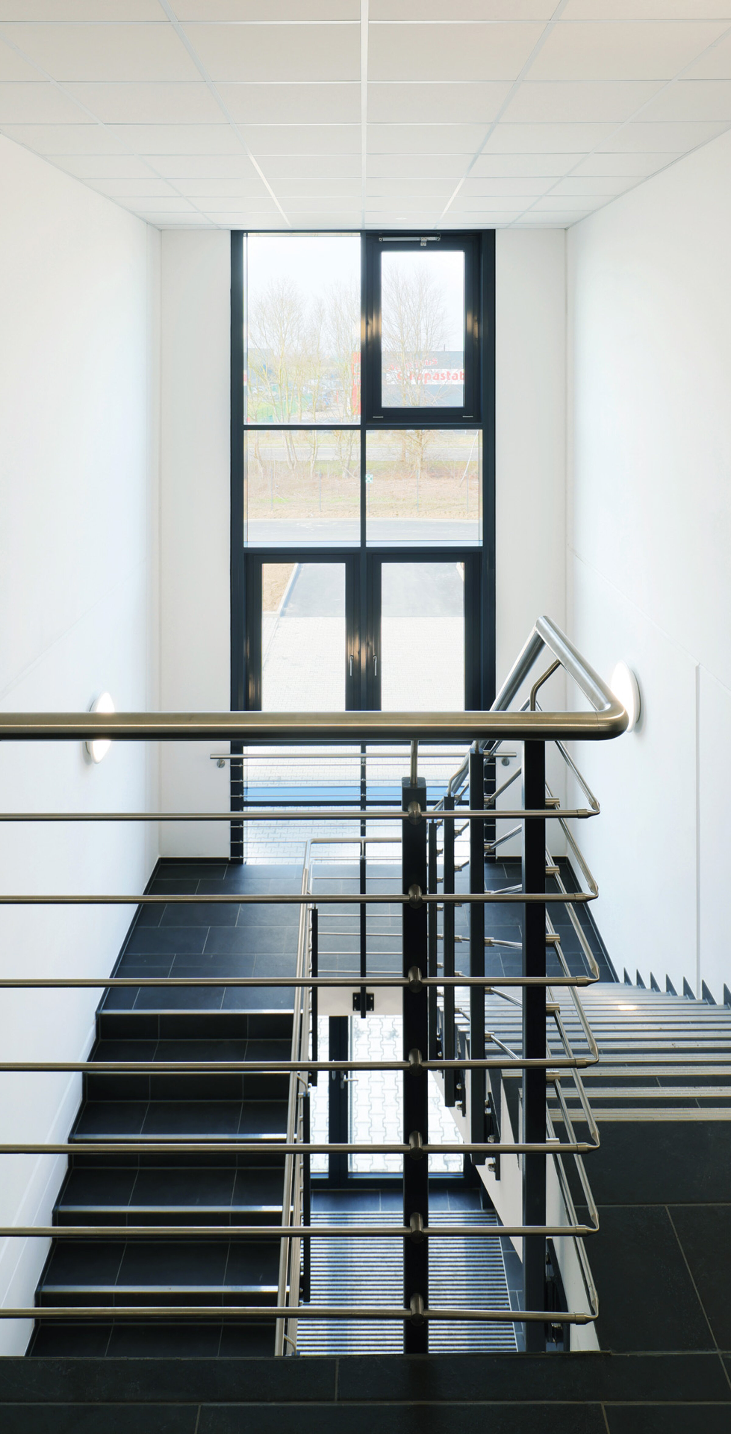 Blick auf eine Treppe mit Handlauf und Fenstern, die Tageslicht in den Bereich lassen.