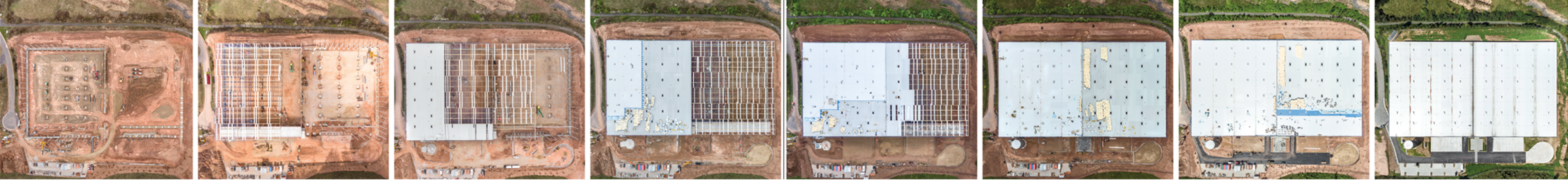 Bilderreihe: Die Baustelle eines Logistikbaus von oben: von den ersten Stützen bis zur schlüsselfertigen Übergabe