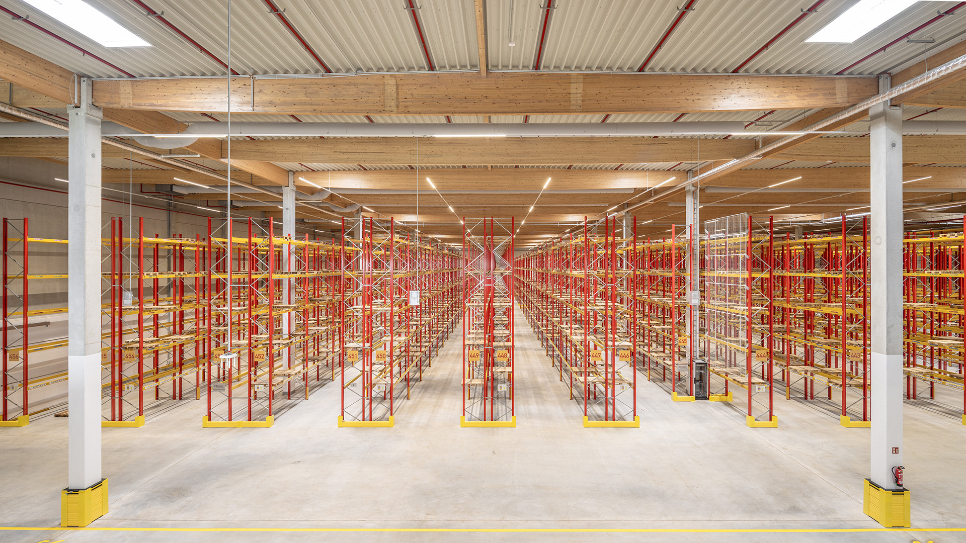 Große Lagerhalle mit mehreren hohen Regalen in Rot und Gelb, hellem Boden und Holzdecken, gut beleuchtet.